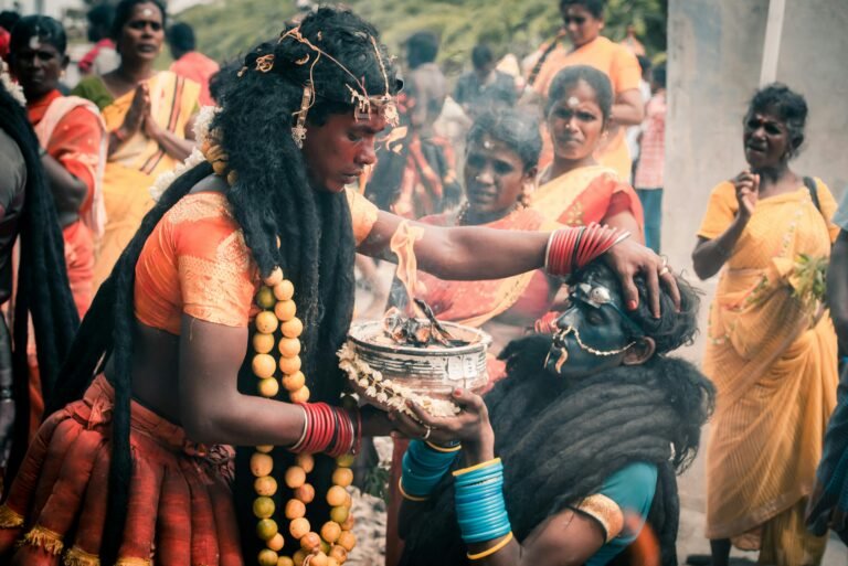 Colorful celebration of Indian culture and spirituality at a traditional festival.